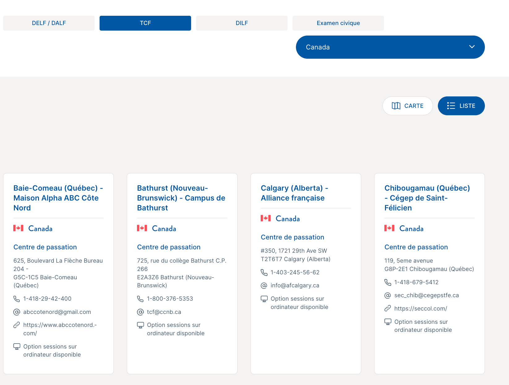 Screenshot of France Éducation International’s official test-centre map listing authorized TCF centres in Canada — Baie-Comeau (Québec), Bathurst (Nouveau-Brunswick), Calgary (Alberta) and Chibougamau (Québec) — each card showing the centre’s address, phone number, email and website.