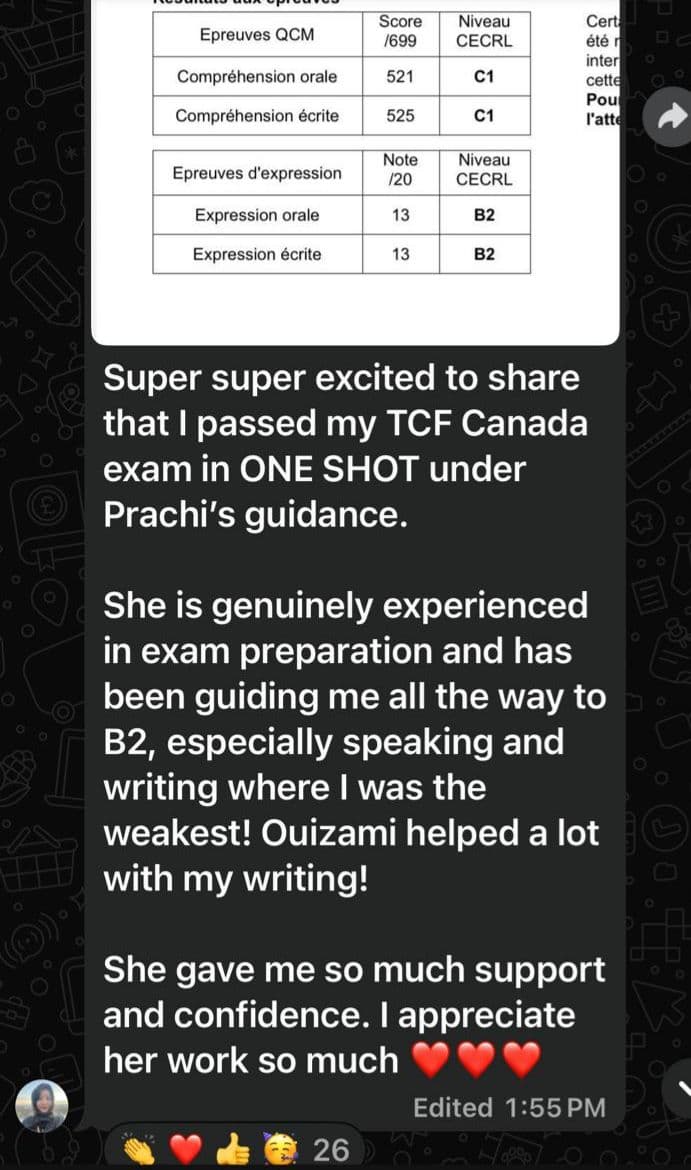 Student review of Ouizami TCF Canada writing practice