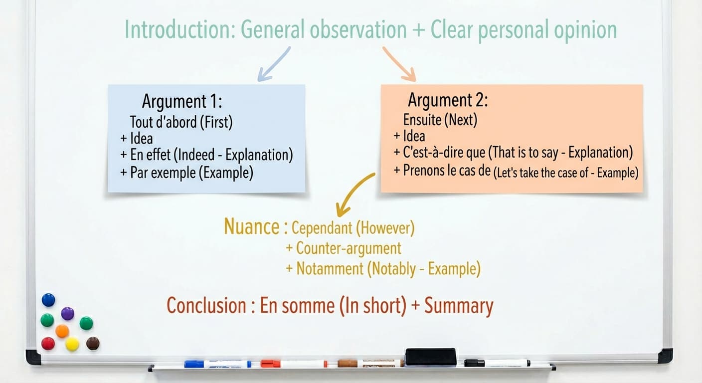 Whiteboard diagram illustrating the 5-step Universal Structure for TCF Canada Expression Orale Task 3, showing the flow from Introduction to Arguments, Nuance, and Conclusion with French logical connectors