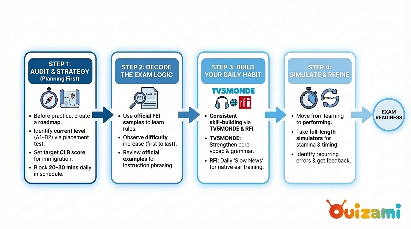 Flowchart illustrating a 4-step study guide for TCF Canada preparation: Step 1 Understand exam format (FEI samples), Step 2 Build skills (TV5MONDE), Step 3 Train listening daily (RFI), and Step 4 Create a weekly study plan.